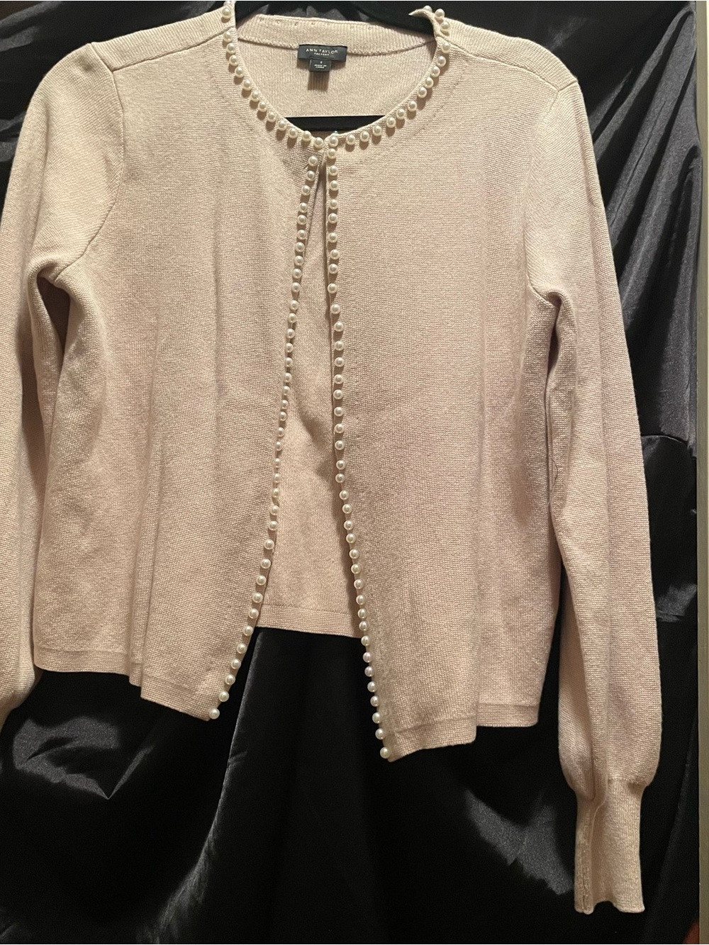 Ann Taylor Tan Pearl-Trim Crewneck Cardigan